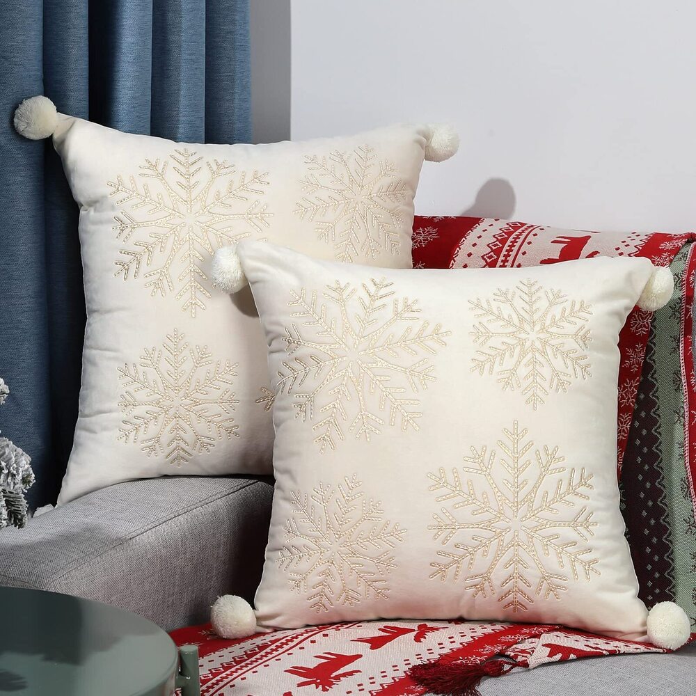 1587 Christmas Throw Pillow Covers, Snowflake Embroidery 18x18 Pillowcases